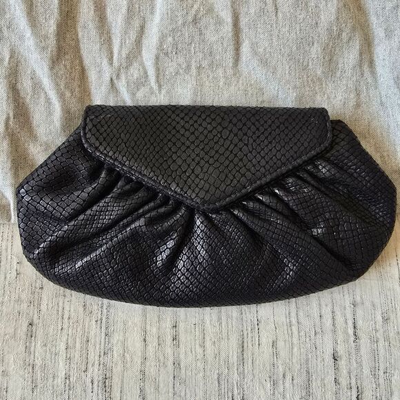 Vintage Lauren Merkin Reptile Textured Black Leather Clutch